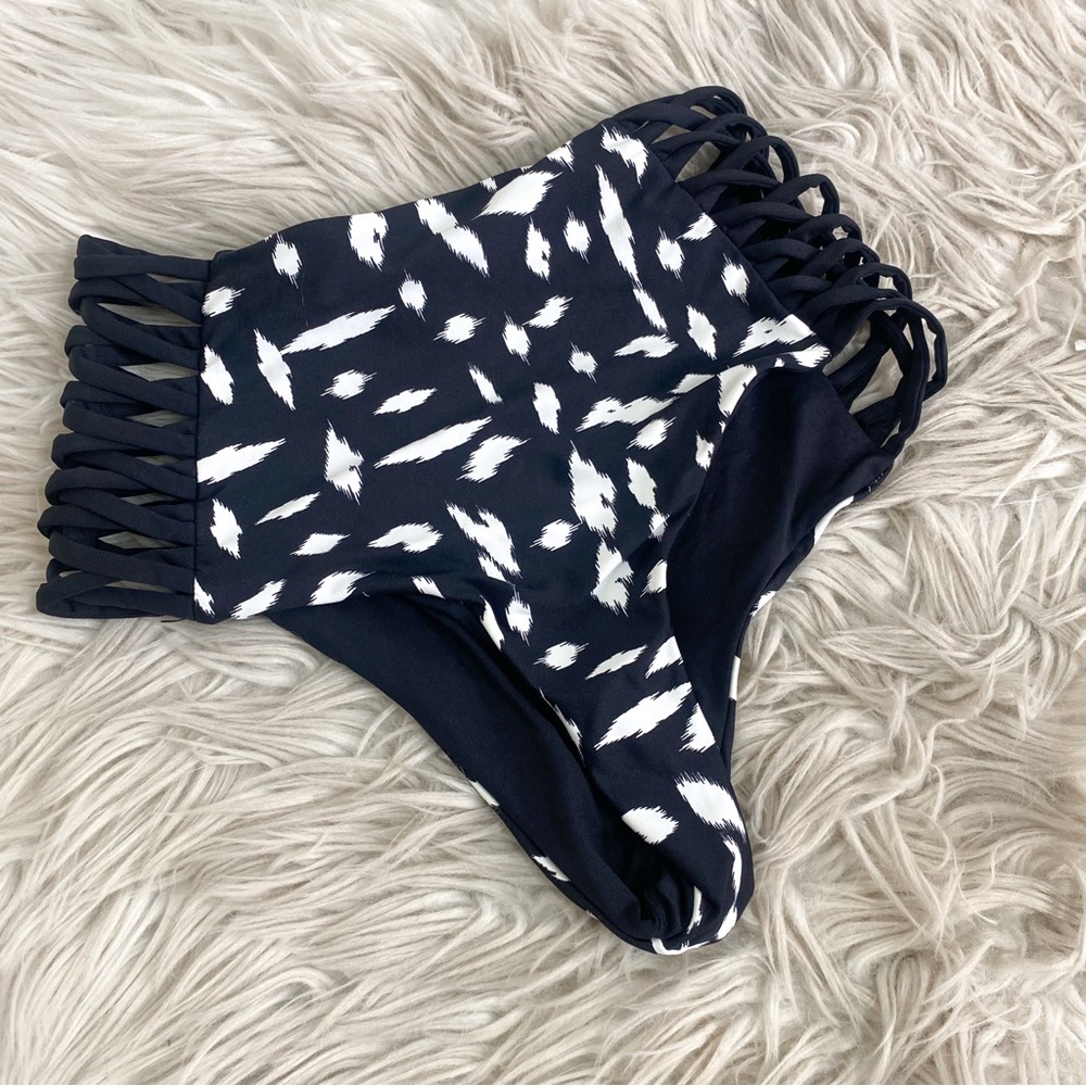 L*space Black White Bitsy Cut Lace Up High Waisted Bikini Bottoms